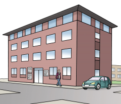 Zeichnung von einem Bürogebäude